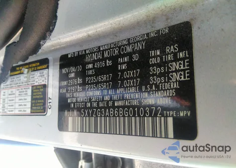 2011 Hyundai Santa Fe Gls from USA, damaged, VIN 5XYZG3AB6BG010372